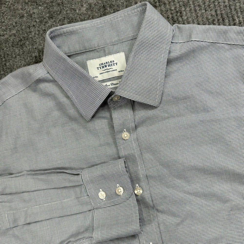 Charles Tyrwhitt Non Iron Classic Fit Dress Shirt Navy White Grid 18/35 Mens